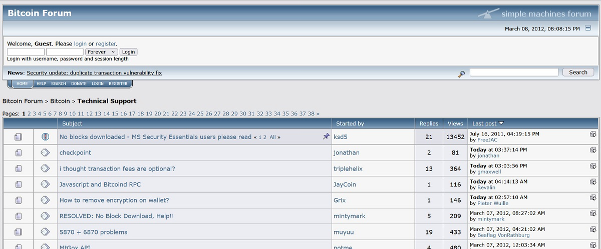 Archive screenshot of the Bitcointalk.org homepage circa 2012 showing early Bitcoin forum threads and a minimalist early-2000s style web design.